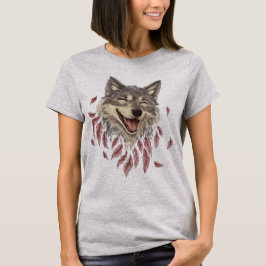 Camiseta Un lobo sonriente feliz en plumas