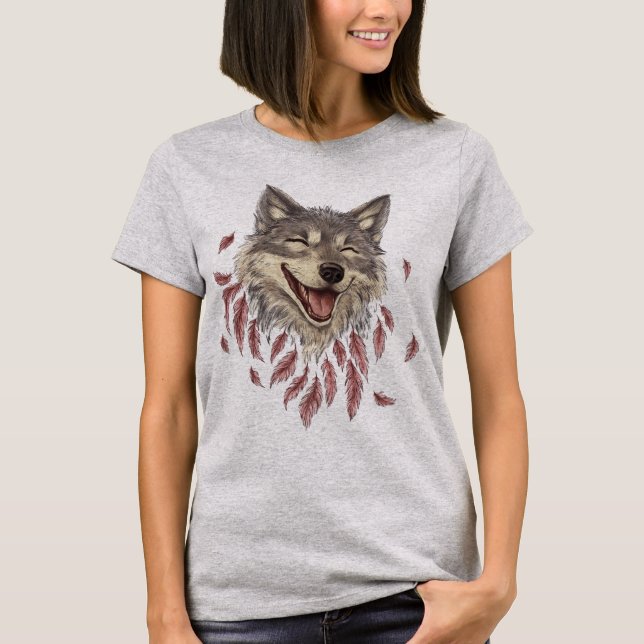 Camiseta Un lobo sonriente feliz en plumas (Anverso)