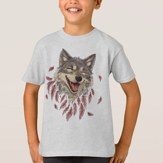 Camiseta Un lobo sonriente feliz en plumas (Anverso)