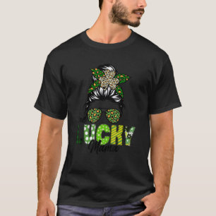 Camiseta Un Lucky Mama Leopard Messy Bun Saint Patrick's D