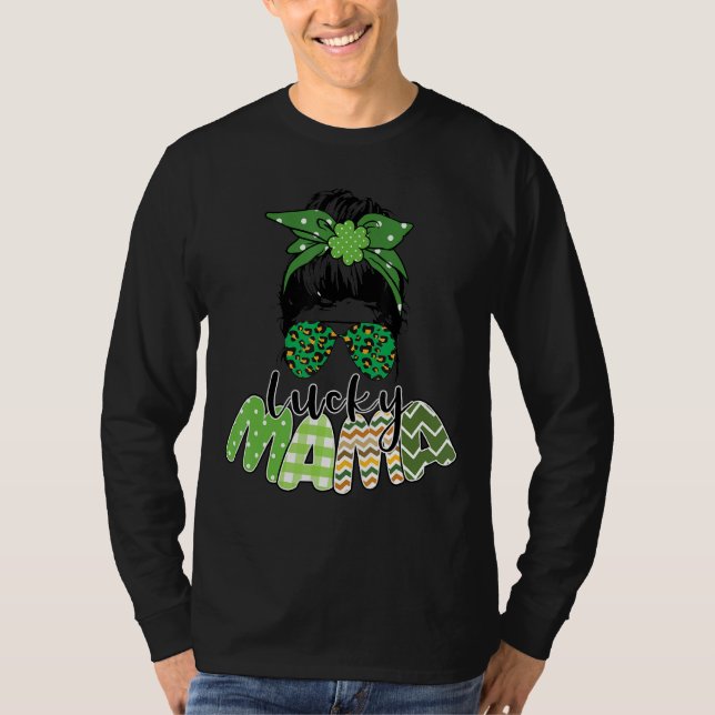 Camiseta Un Lucky Mama St Patrick S Day Leopard Messy Bun (Anverso)