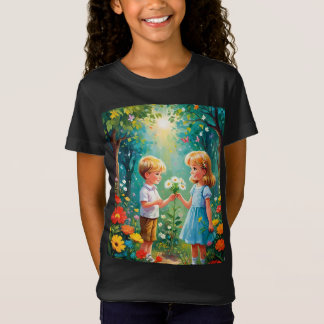 Camiseta Un momento de alegría: un niño y Chica en un jardí