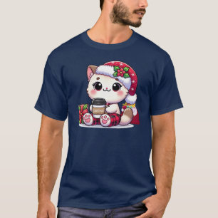 Camiseta Un Navidad lindo Kawaii un gato que bebe café