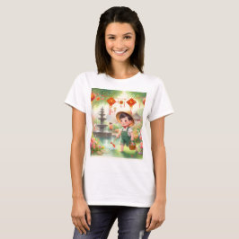 Camiseta un niño en un jardín con una lata de agua