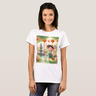 Camiseta un niño en un jardín con una lata de agua