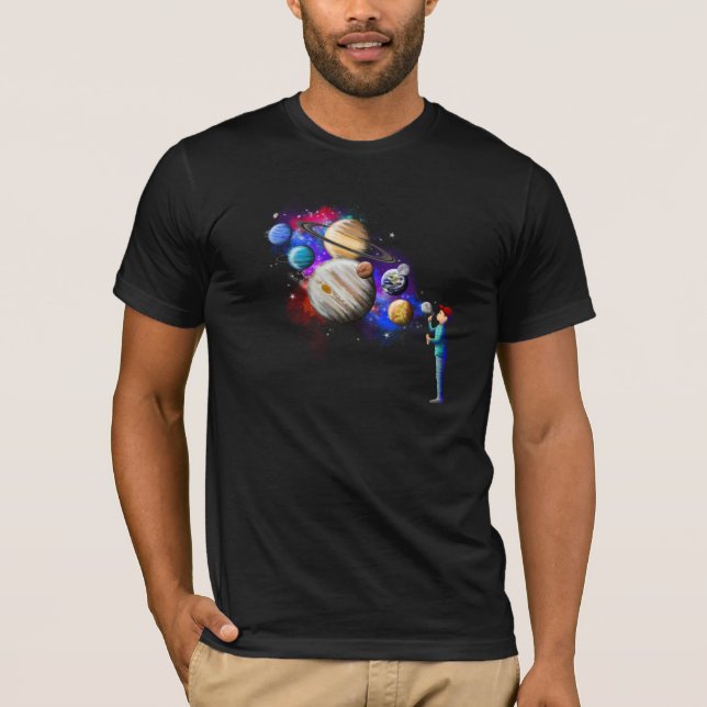 Camiseta Un niño que explota planetas de burbuja espacial c (Anverso)