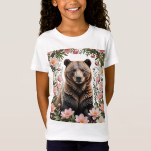 Camiseta Un Oso Marrón Rodeado De Flores De Bitterroot Rosa