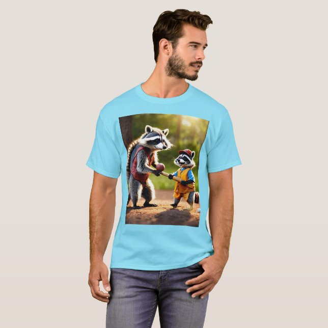 Camiseta Un padre y un hijo raccoon jugando al béisbol mien (Anverso completo)