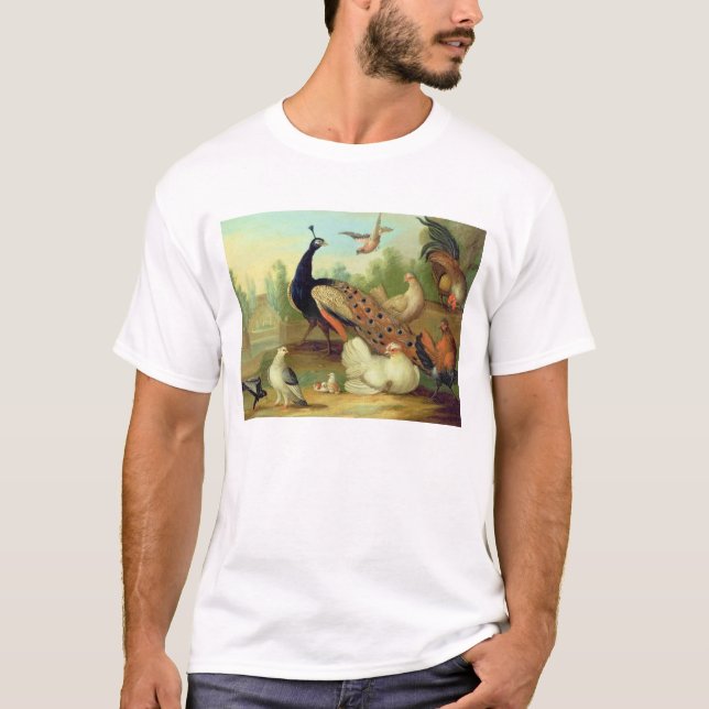 Camiseta Un pavo real, palomas, pollos y un Jay en un (Anverso)