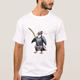 Camiseta Un pingüino samurai luchando con un palo de bambú.