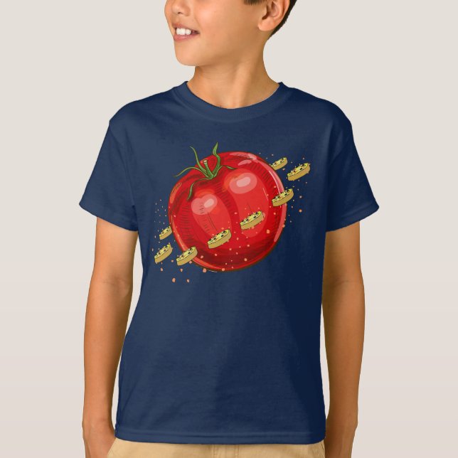 Camiseta Un planeta de tomate con pizzas a su alrededor (Anverso)