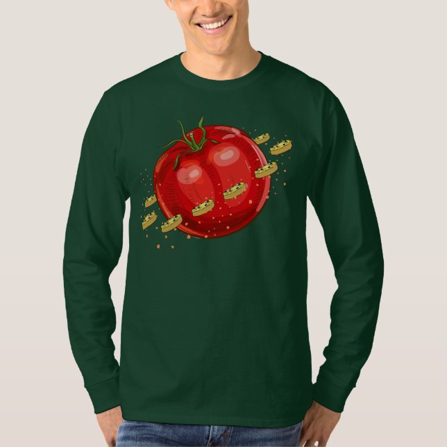Camiseta Un planeta de tomate con pizzas a su alrededor (Anverso)