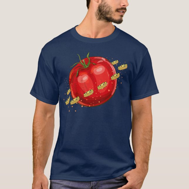Camiseta Un planeta de tomate con pizzas a su alrededor (Anverso)
