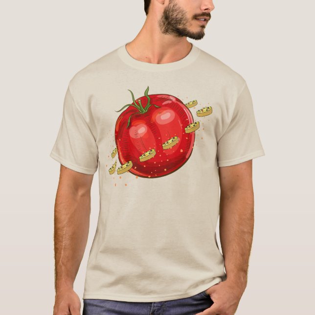 Camiseta Un planeta de tomate con pizzas a su alrededor (Anverso)