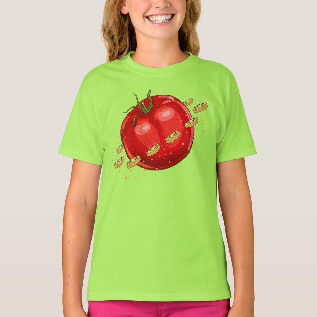 Camiseta Un planeta de tomate con pizzas a su alrededor (Anverso)