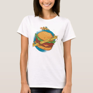 Camiseta Un planeta hamburguesa con un cohete pizza