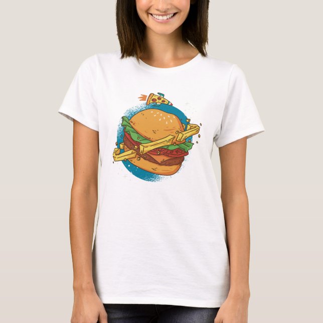 Camiseta Un planeta hamburguesa con un cohete pizza (Anverso)