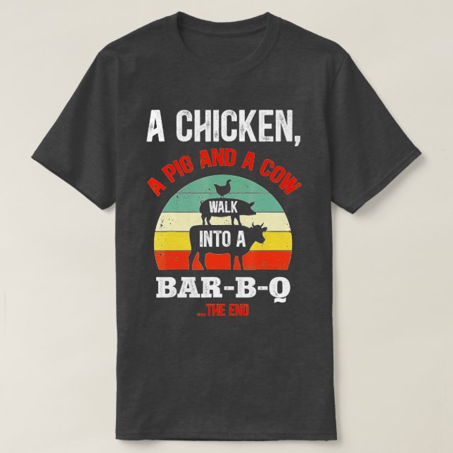 Camiseta Un Pollo, Un Cerdo Y Una Vaca Entrando En Un Graci (Diseño del anverso)
