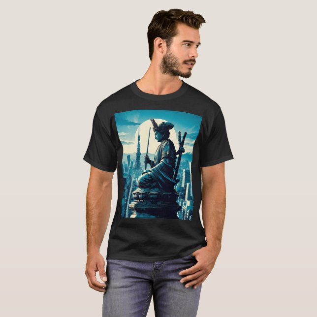 Camiseta un poster de una estatua de una estatua de hachima (Anverso completo)