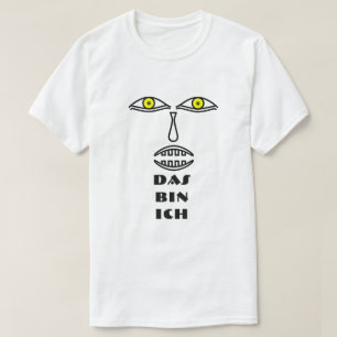 Camiseta un rostro ojos amarillos y texto Das bin ich