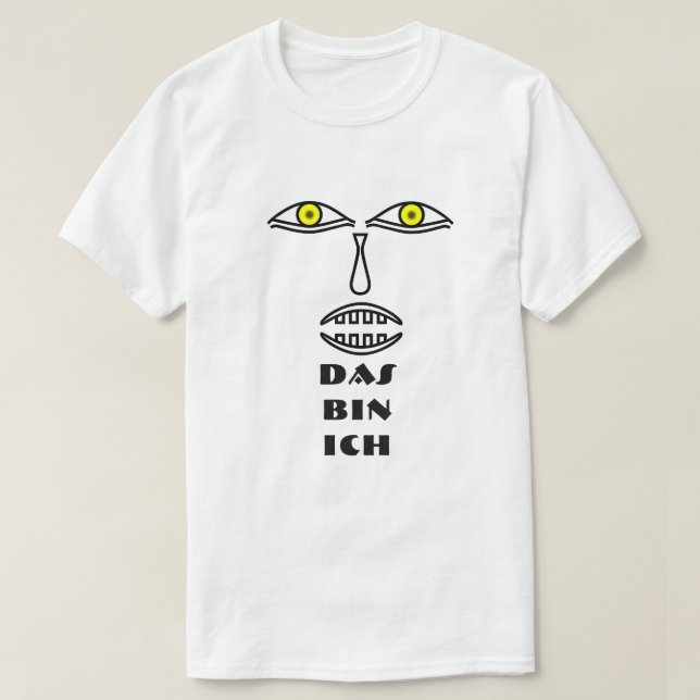 Camiseta un rostro ojos amarillos y texto Das bin ich (Diseño del anverso)