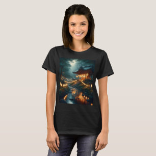 Camiseta un santuario con luces a su alrededor y un cartel