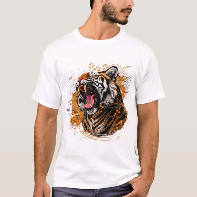 Camiseta Un tigre encarnizado con notas musicales emanando (Anverso)
