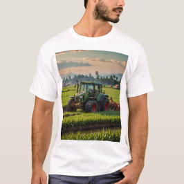 Camiseta un tractor arando un campo con una montaña