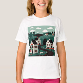 Camiseta Una aldea dibujada en un estilo de ilustración