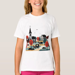 Camiseta Una aldea dibujada en un estilo de ilustración