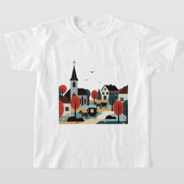 Camiseta Una aldea dibujada en un estilo de ilustración