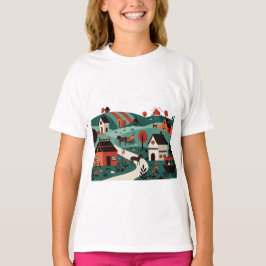 Camiseta Una aldea dibujada en un estilo de ilustración