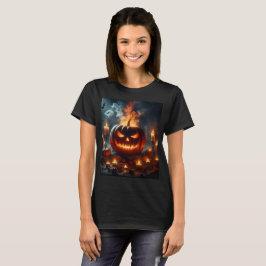 Camiseta una calabaza con cara en ella está rodeada de vela