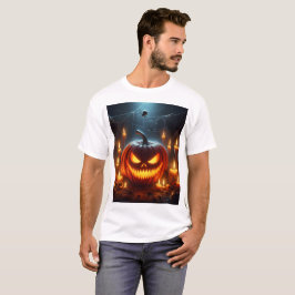 Camiseta una calabaza de halloween con una cara aterradora