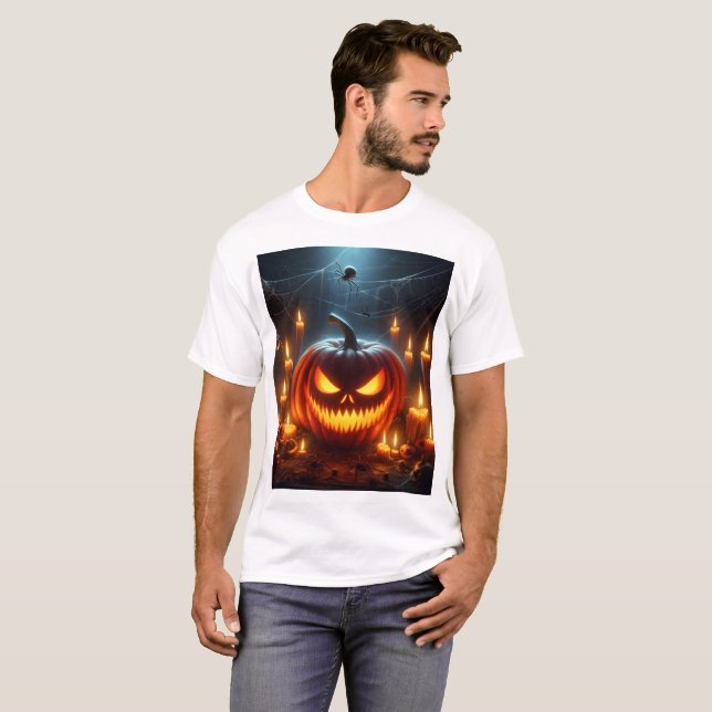 Camiseta una calabaza de halloween con una cara aterradora  (Anverso completo)