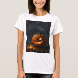 Camiseta una calabaza de halloween con una cara aterradora