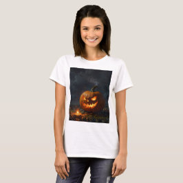 Camiseta una calabaza de halloween con una cara aterradora