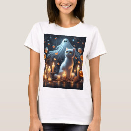 Camiseta una escena de halloween con un gato y velas