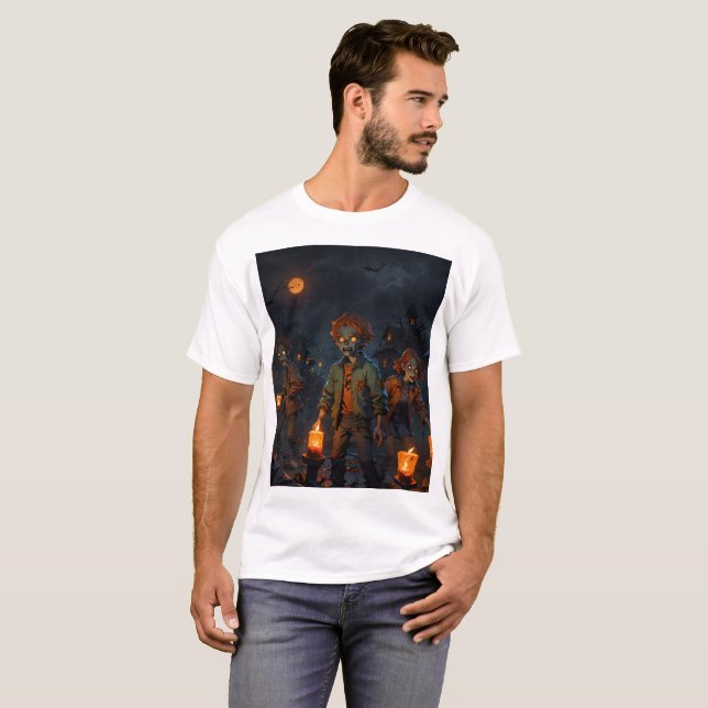 Camiseta una escena nocturna oscura con niños aterradores (Anverso completo)