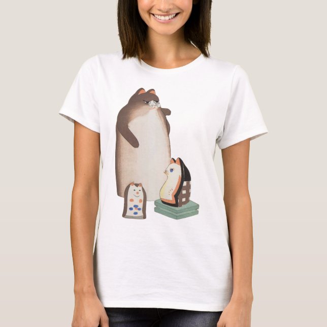 Camiseta Una familia de gatos japoneses kawaii Kokeshi (Anverso)