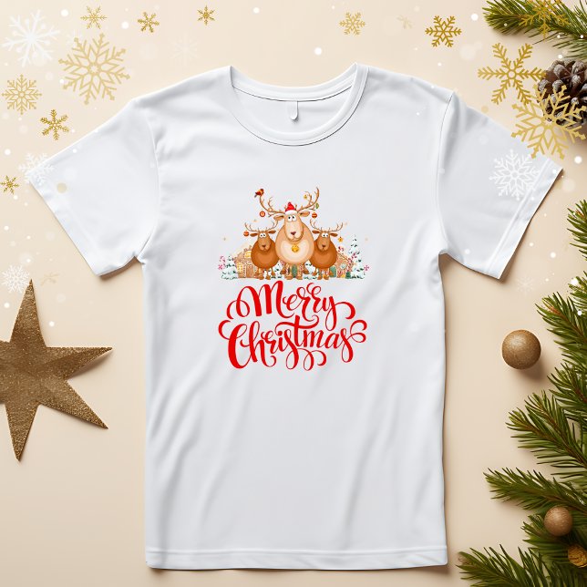 Camiseta Una familia de renos Personalizado y dulce "Feliz  (Cute Cartoon Reindeer Family "Merry Christmas" T-Shirt
)