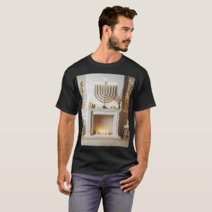 Camiseta una habitación con una menorah y velas en la pared