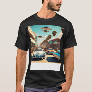 Camiseta Una imagen retro-futurista de una ciudad costera d