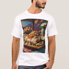 Camiseta una mesa con comida, incluido un plato