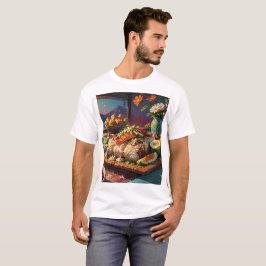 Camiseta una mesa con comida, incluido un plato