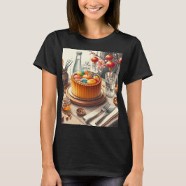 Camiseta una mesa con pastel y un jarrón con huevos