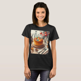 Camiseta una mesa con pastel y un jarrón con huevos