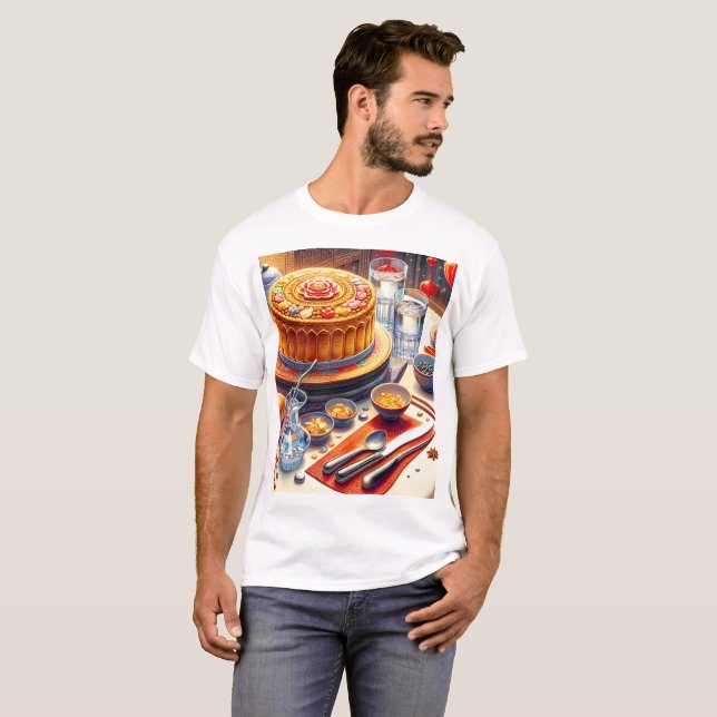 Camiseta una mesa con un pastel y un bol de caramelos (Anverso completo)