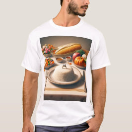 Camiseta una mesa con un plato de comida, incluido el maíz