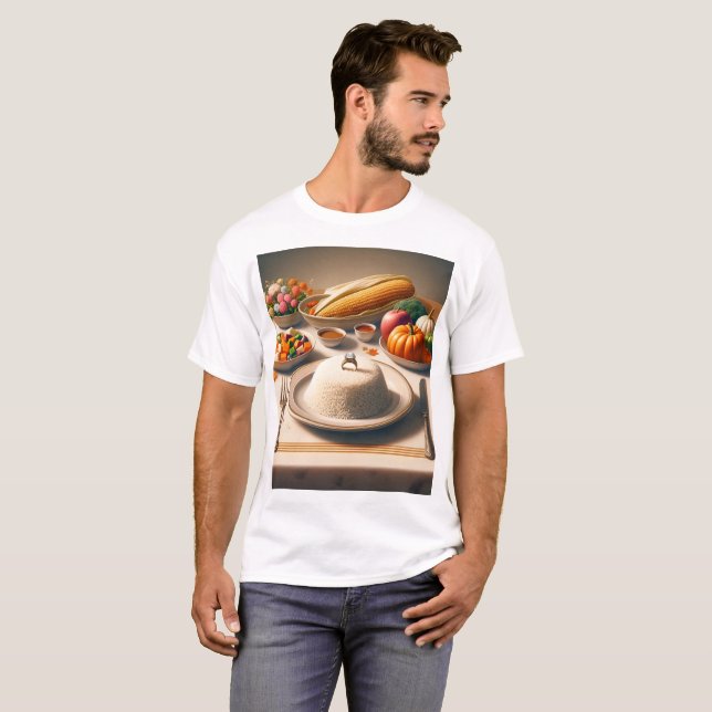 Camiseta una mesa con un plato de comida, incluido el maíz  (Anverso completo)